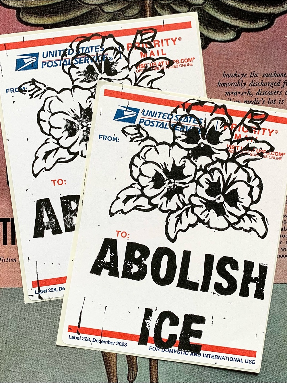 Pansy “ABOLISH ICE” Floral Linocut Block Print on USPS 228 Slap 2 Pack